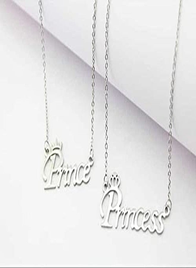 Bigwheels (Set Of 2 Pcs) CMB7365 Silver Valentine's Day Special Metal Stainless Steel Prince And Princess Name Letter Romantic Love Couple Locket Pendant Necklace With Chain For Boy's And Girl's - Image 3