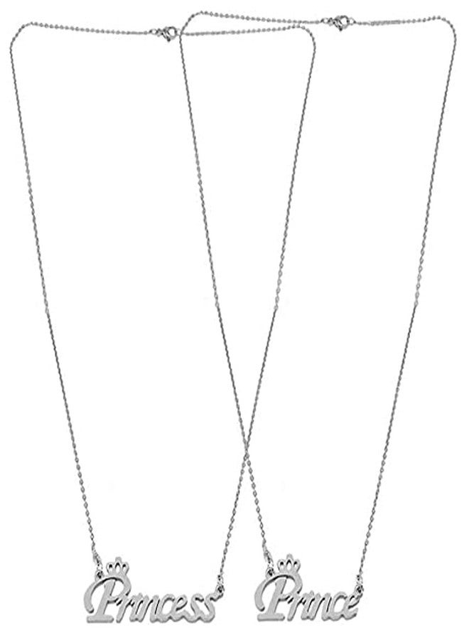 Bigwheels (Set Of 2 Pcs) CMB7365 Silver Valentine's Day Special Metal Stainless Steel Prince And Princess Name Letter Romantic Love Couple Locket Pendant Necklace With Chain For Boy's And Girl's - Image 2