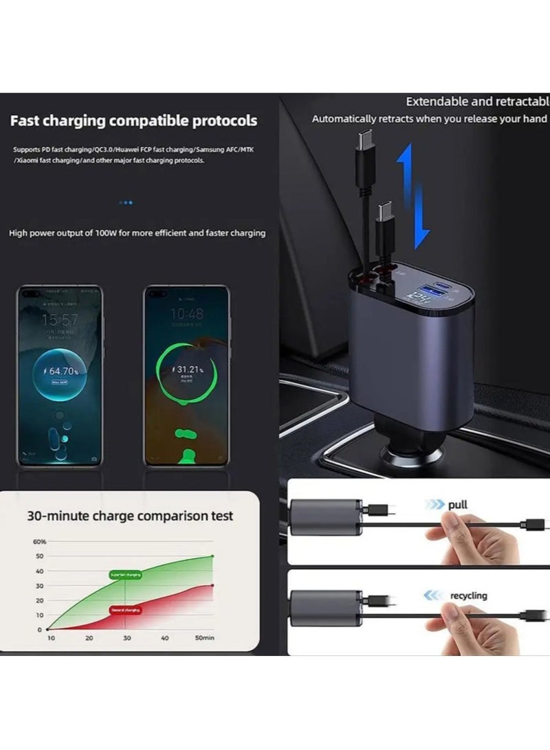AROAQ 100W 4 IN 1 Retractable Car Fast Charger USB Type C Cable For Samsung S21 S22 S23 IPhone 13 14 Pro Max Car Lighter Adapter Type C And Type C - Image 4