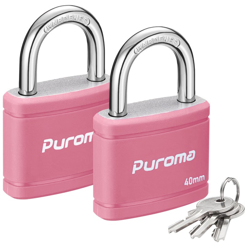 Puroma 2 Pack Keyed Padlock with 3 Keys Alike 78 Inch Locker Lock 40mm HeavyDuty Locks for Gate Fence Hasp Cabinet Toolbox School Gym Locker Pink