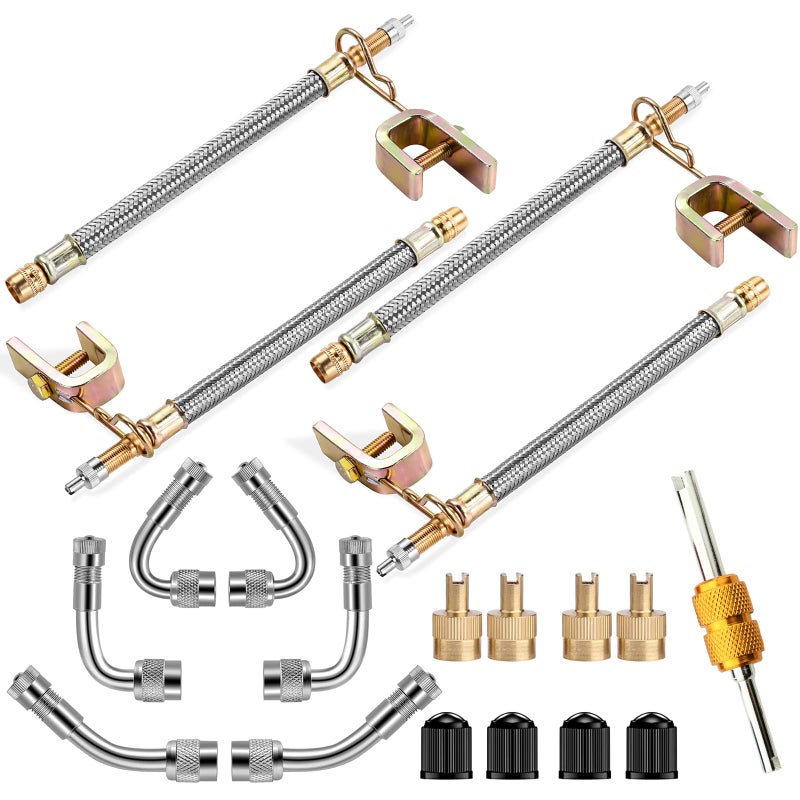 Valve Stem Extenders4Pcs 7Inch180mm Dual Flexible Stainless Steel Braided Valve Stem Extensions6Pieces 45 90 135 Degree Brass Valve Adaptors for Car Truck Motorhome Trailer RV Trailer Vehicle