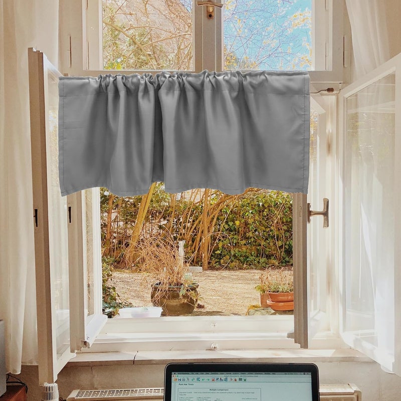 Healifty Kitchen Window Valance Grey Fabric Rod Pocket Half Curtain 45x145cm Farmhouse Style for Bathroom and Living Room - Image 3