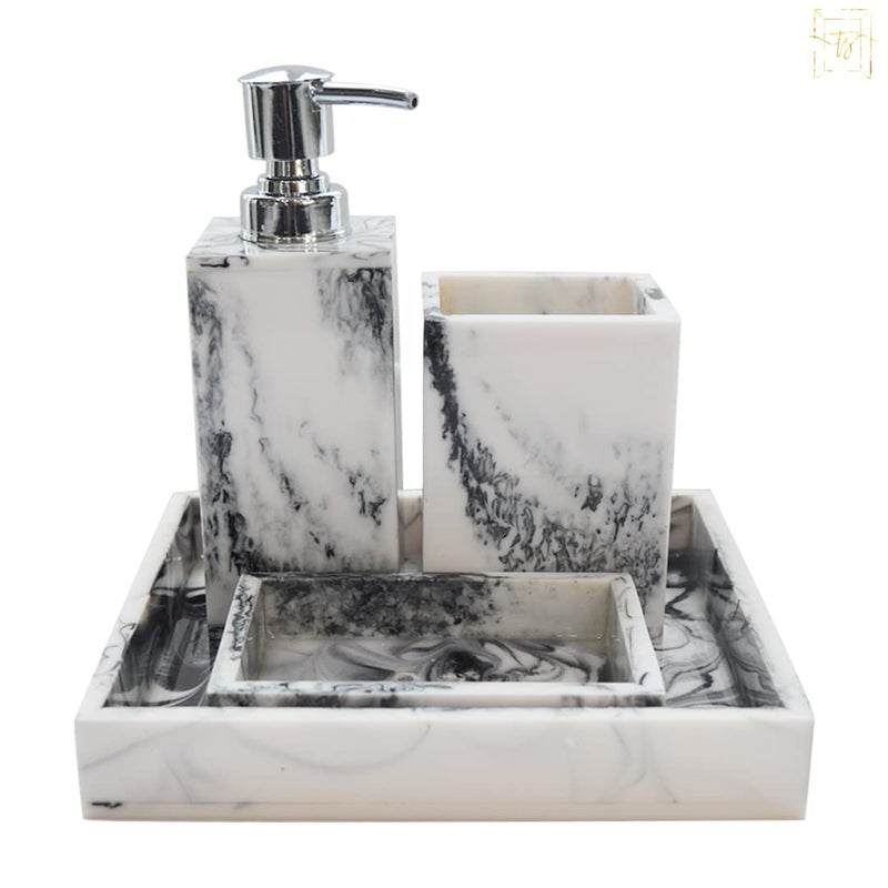 Tranquil Square Premium Design Luxury Resin Bathroom Accessory Set. Bathroom Decor and Organizer Set of 4 Soap Tray, Toothbrush/Toothpaste Holder, Soap Dispenser and Vanity Tray (Victorian) - Image 1