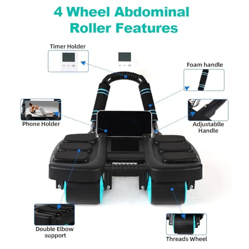 Pqeert Fourwheel Automatic Rebound Ab Roller Wheel with Elbow Support Abdominal Wheel Core Exercise Equipment for Home Gym Abdominal Workout Machine for MenWomen Beginners Black - Image 3