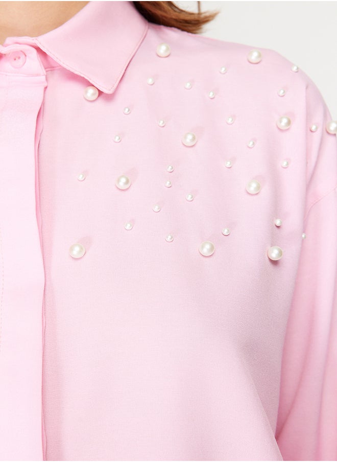 trendyol Pink Pearl Detailed Cotton Woven Shirt TCTSS24TG00032  - Image 4