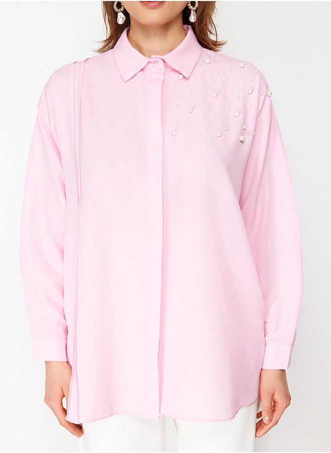 trendyol Pink Pearl Detailed Cotton Woven Shirt TCTSS24TG00032  - Image 2