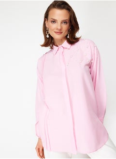 trendyol Pink Pearl Detailed Cotton Woven Shirt TCTSS24TG00032  - Image 3