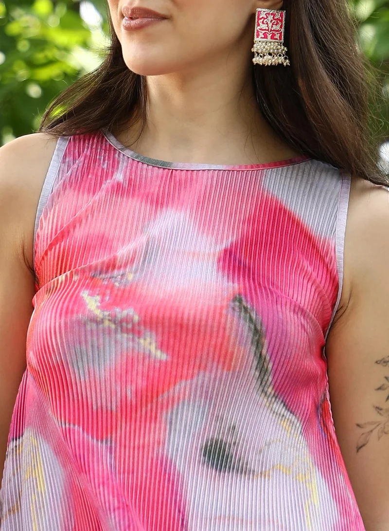 QISSA  Qissa Women's Fuchsia Pink Floral Pleated-Halter Co-Ord Set For Casual Wear | Halter Neck | Sleeveless | 2 Piece Kurta Set Designed With Comfort Fit For Everyday Ethnic Wear for Women | Best Price UAE