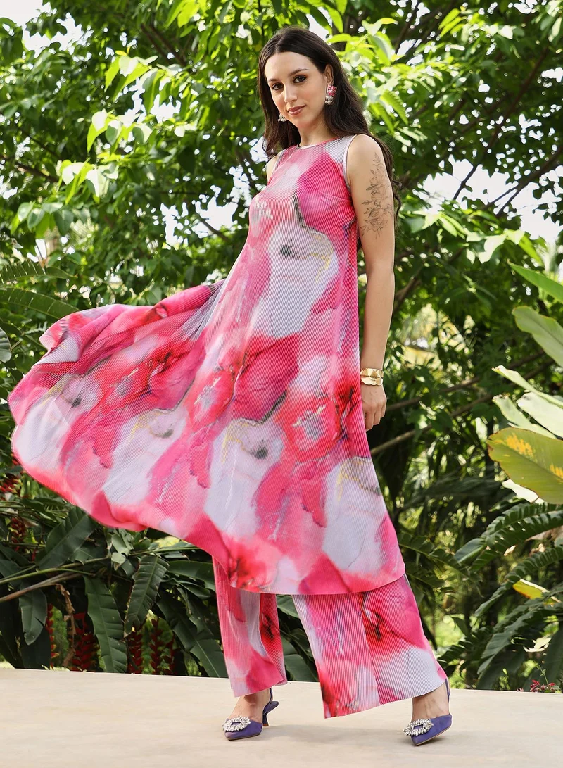 QISSA Qissa Women's Fuchsia Pink Floral Pleated-Halter Co-Ord Set For Casual Wear | Halter Neck | Sleeveless | 2 Piece Kurta Set Designed With Comfort Fit For Everyday Ethnic Wear