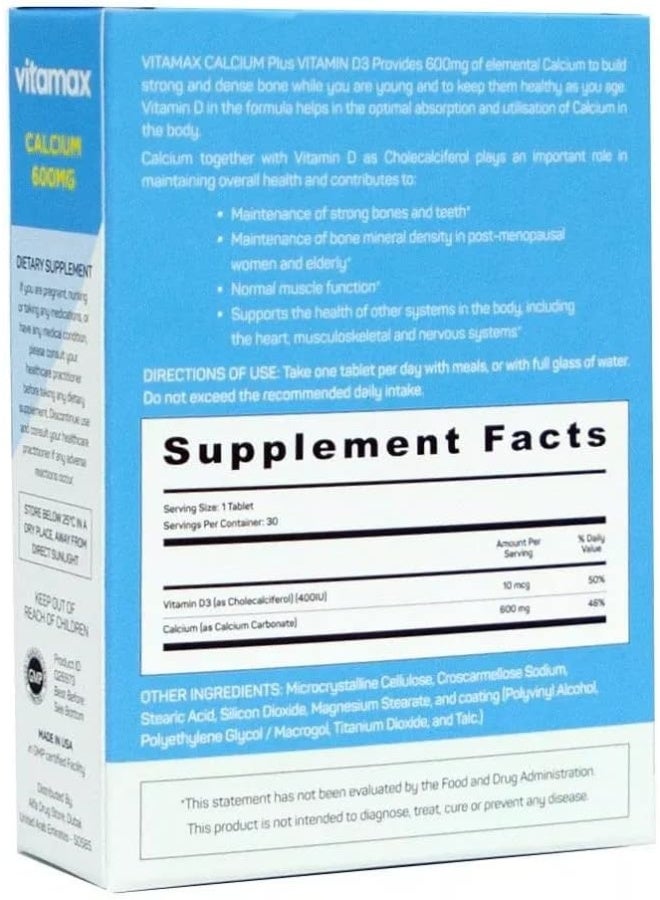 Vitamax Calcium 600Mg + Vitamin D3 400Iu (30 Tablets) - Image 2