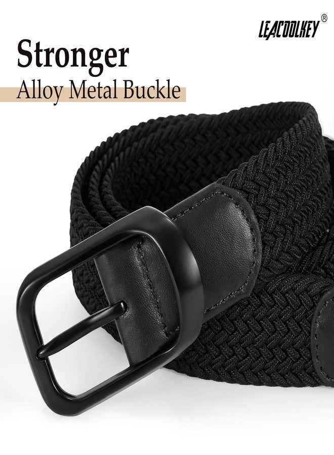 LEACOOLKEY 2 Pack Stretch Belts for Men Elastic Woven Braided Belt 1 3/8 Casual Golf Belt for Jeans Pants Black+Grey - Image 2