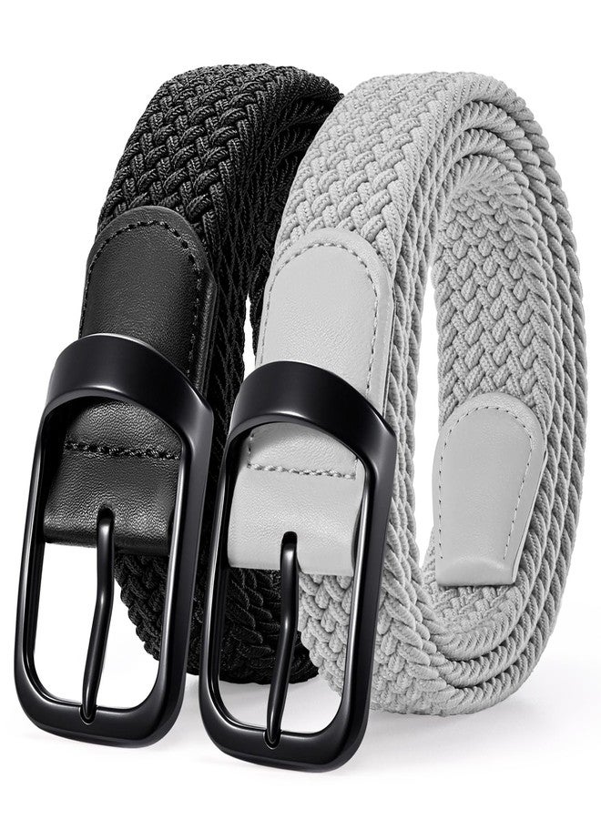 LEACOOLKEY 2 Pack Stretch Belts for Men Elastic Woven Braided Belt 1 3/8 Casual Golf Belt for Jeans Pants Black+Grey - Image 1