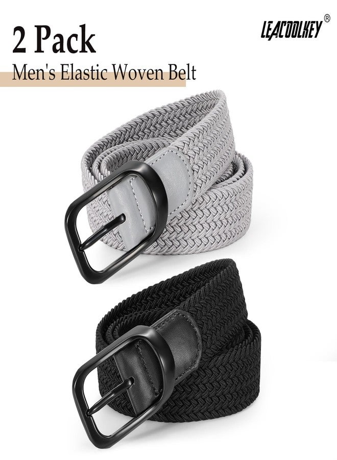 LEACOOLKEY 2 Pack Stretch Belts for Men Elastic Woven Braided Belt 1 3/8 Casual Golf Belt for Jeans Pants Black+Grey - Image 5