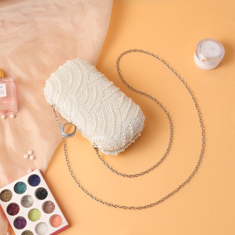 Elegant Double-Sided Pearl Evening Bag Artistic French Fish Scale Shape Pearl Banquet Bag Micro-Inlay Ring Clutch Bag - Image 4