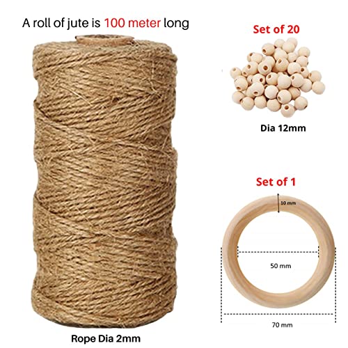 ecofynd 22pcs DIY Jute Cord Kit for Wall Hanging, 100 Meter Natural Jute Rope, Ring (3 inch, 1 pc), Wooden Beads (12mm, 20 pcs) Combo Packs for Adults Beginners - Image 2