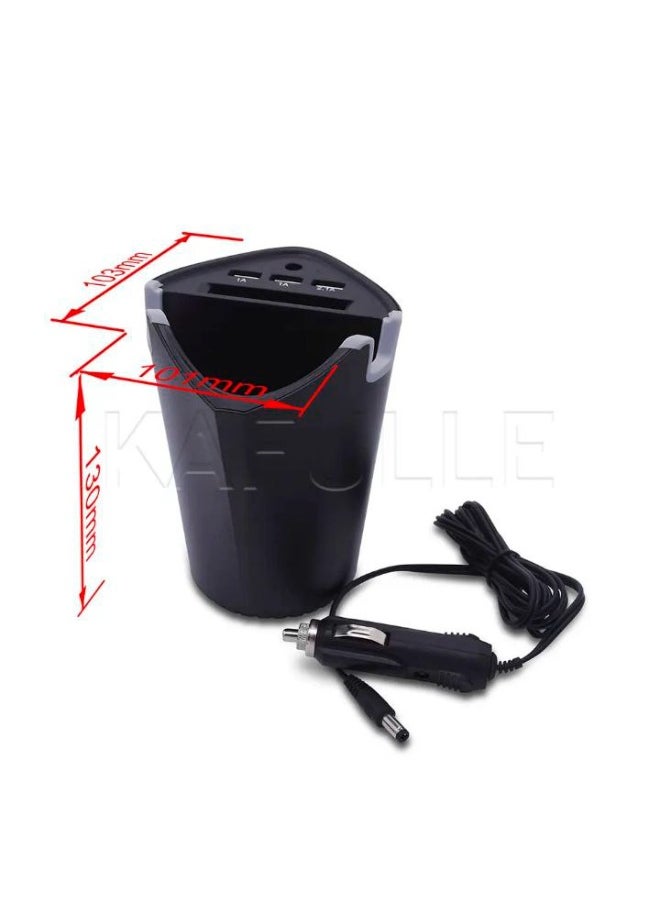 حامل موبايل للسيارة مزوّد بشاحن سريع من خلال مخرج الولّاعة، يحتوي على 3 منافذ USB لشحن أجهزة متعددة، تصميم ثابت وآمن للمتابعة أثناء القيادة دون تشويش، مثالي للرحلات والتنقل اليومي