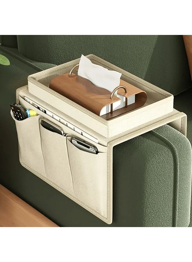 Gray Heavy Duty Fabric Hanging Storage Organizer With Top Lid And Hanging Loop Multiple Compartments Labelled Slots For Remote Controls Books Magazines Tablets Sofa Bedside Organizer Compatible With Armrest Shelves Overhead Consoles Beige Interior Design For Home And Vehicle Use - Image 1