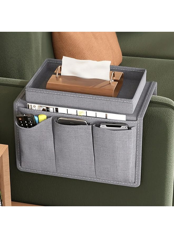 Gray Heavy Duty Fabric Hanging Storage Organizer With Top Lid And Hanging Loop Multiple Compartments Labelled Slots For Remote Controls Books Magazines Tablets Sofa Bedside Organizer Compatible With Armrest Shelves Overhead Consoles Beige Interior Design For Home And Vehicle Use - Image 3
