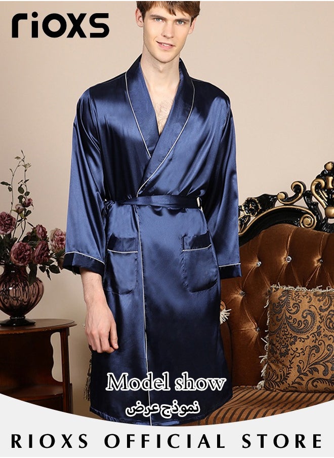 RIOXS Men's Silky Satin Robe with Adjustable Tie and 2 Pockets, Skin-friendly Lightweight Kimono Bathrobe, Stylish Comfortable Nightgown, Great for Daily Wear, Beach Wear, Loungewear or Other Casual Occasions  - Image 2