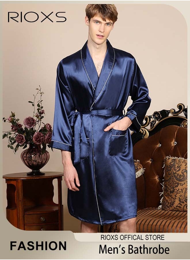 RIOXS Men's Silky Satin Robe with Adjustable Tie and 2 Pockets, Skin-friendly Lightweight Kimono Bathrobe, Stylish Comfortable Nightgown, Great for Daily Wear, Beach Wear, Loungewear or Other Casual Occasions  - Image 1