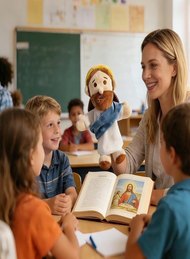 AKAIXI Jesus Hand Puppet Plush Jesus Doll 13" Blue Religious Bible Character Puppet Interactive Toy Fit Adult Hand Christian Easter Gifts for Baby Toddler Sunday School Kids First Communion Baptism - Image 4