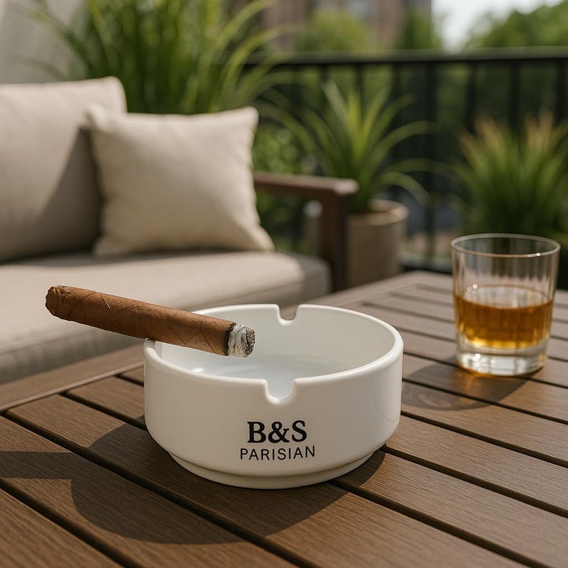 BS ب&S رماديات سيراميك باريسية بيضاء دائرية مع حوامل، مقاومة للحرارة ودائمة مثالية للاستخدام في المنزل، المكتب، المقهى، الفناء، الداخلية والخارجية - Image 5