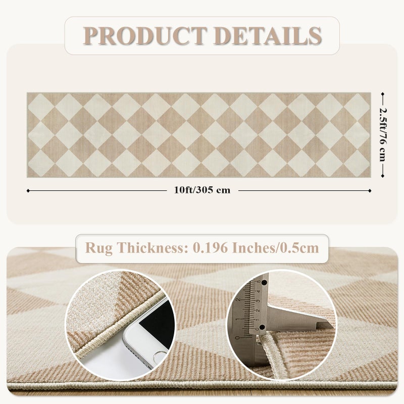 Beeiva Checkered Print Long Hallway Runner Rug Non Slip, Beige Ultra Thin 2.5x10 Washable Runner Rug, Moroccan Trellis Home Decor Faux Wool Neutral Carpet for Bathroom Kitchen Hallways, 10ft - Image 5