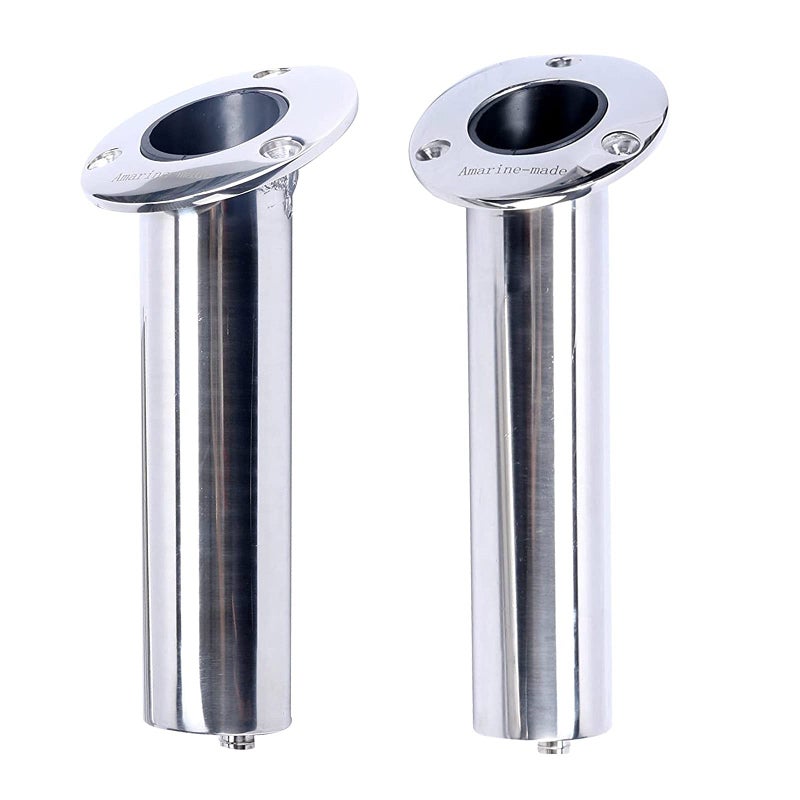 Amarinemade Set of 2 Heavy Duty Stainless Steel 316 Deluxe Rod Holders with Drain Flush Mount Fishing Rod Pole Holders 30 Degree