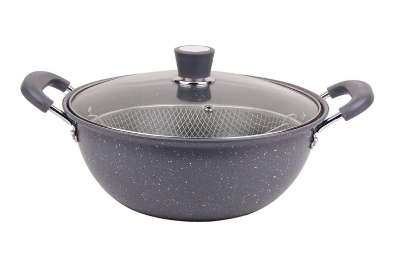 Mugath Non Stick Deep Kadhai with Glass Lid 22cm kadai for Cooking Metal Spoon Friendly Stir Fry Pan with Frying Basket Aluminum Wok pan for CookingSaute pan Pot with Double Handle - Image 2