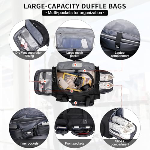 WITZMAN Travel Duffel Bags for Men Large Carry On Weekender Overnight Bag 3 in 1 Backpack with Shoe Compartment （B693 Black） - Image 3