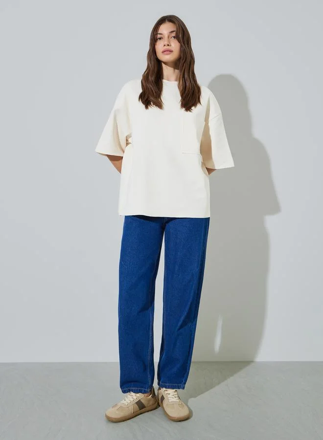 ستايلي Beige Plain Oversized T-Shirt With Front Pocket