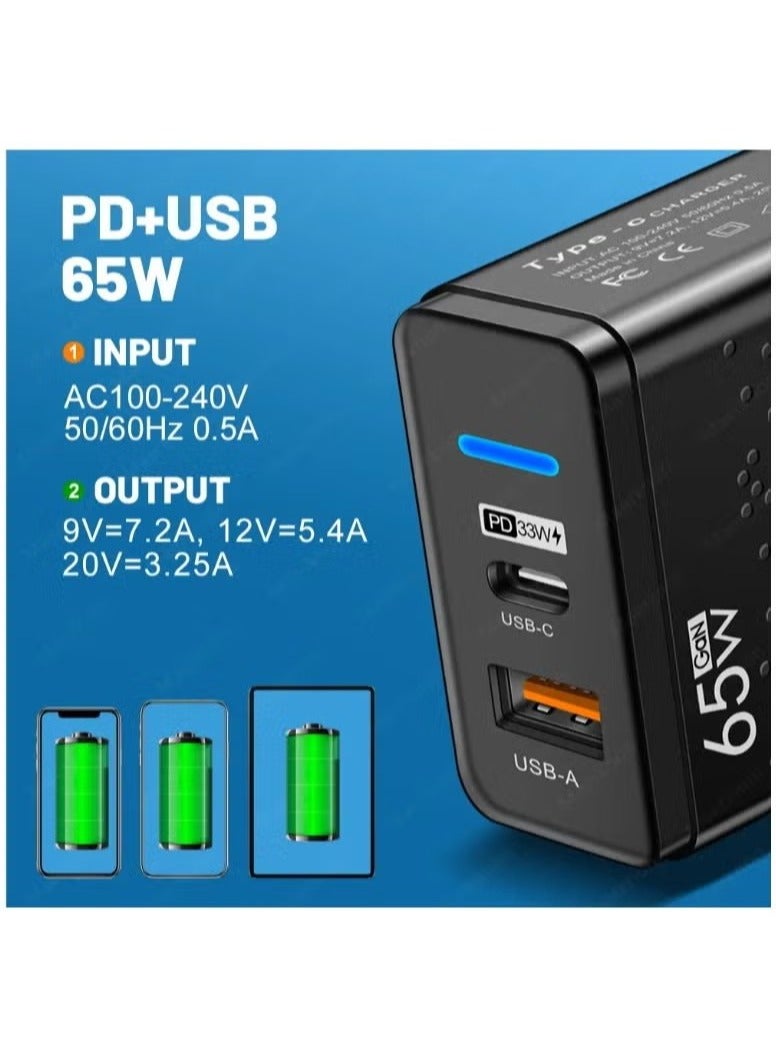 65W USB-C Charger – Dual Port Type-C  USB-A Wall Plug, Compact Fast Charging Adapter for Laptops, Tablets  Phones - Image 3