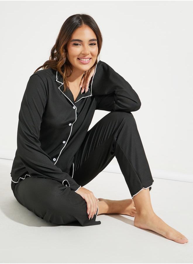 Take Two Contrast Binding Lettuce Trim Shirt & Pyjama Set  - Image 1