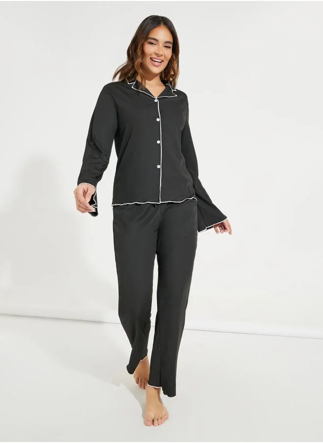 Styli Contrast Binding Lettuce Trim Shirt & Pyjama Set