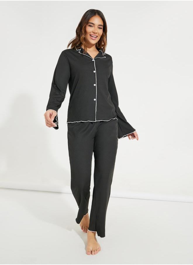 Take Two Contrast Binding Lettuce Trim Shirt & Pyjama Set  - Image 2