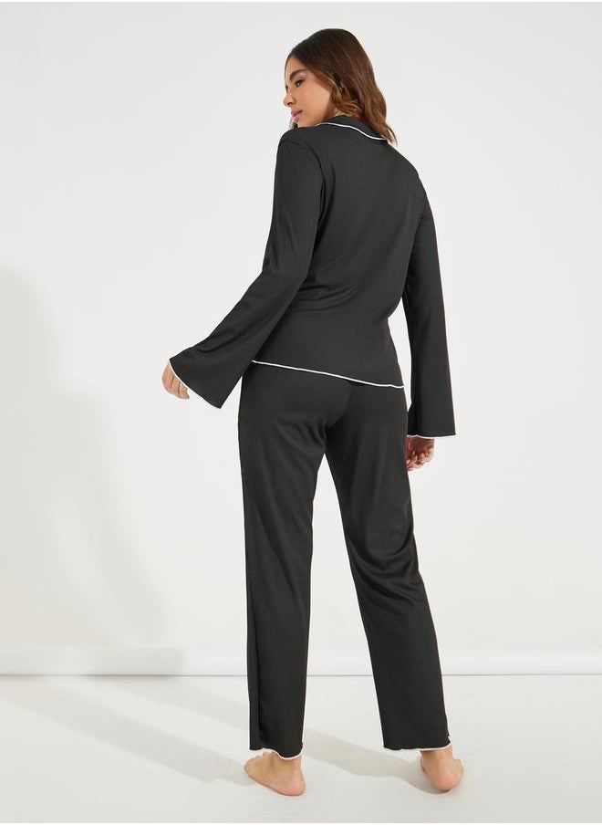 Take Two Contrast Binding Lettuce Trim Shirt & Pyjama Set  - Image 5
