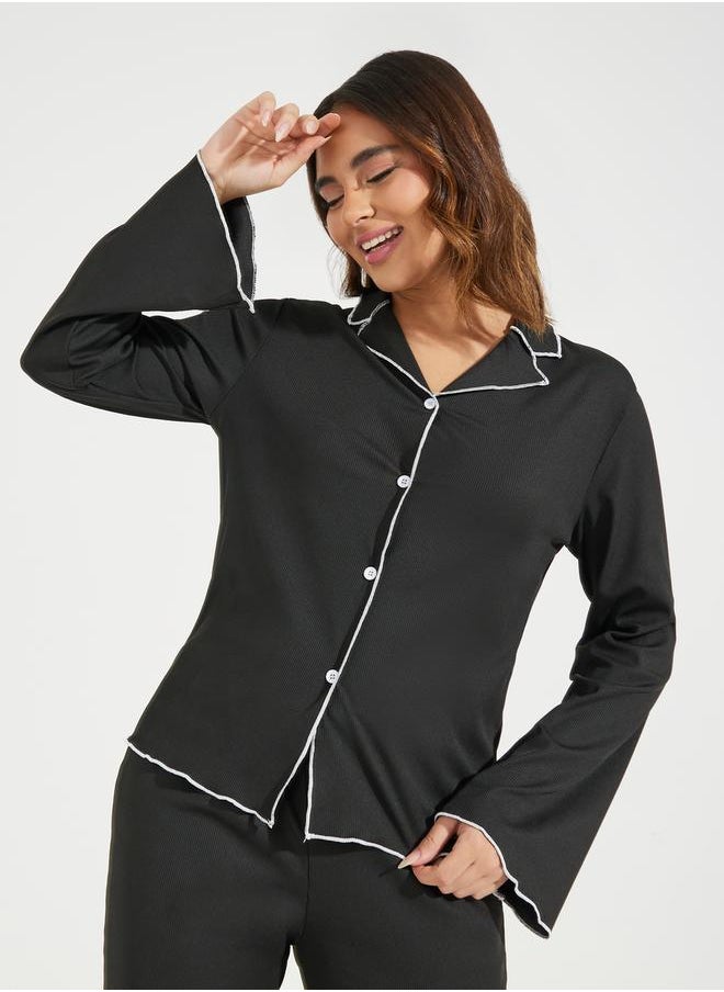 Take Two Contrast Binding Lettuce Trim Shirt & Pyjama Set  - Image 3