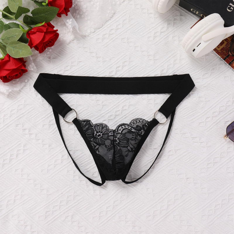 ABAFIP Men's Lace Thong Underwear Low Waist Sissy Pouch G-String Panties Crossdressing Lingerie Black Large - Image 2