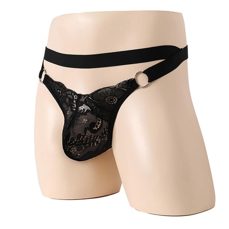ABAFIP Men's Lace Thong Underwear Low Waist Sissy Pouch G-String Panties Crossdressing Lingerie Black Large - Image 4