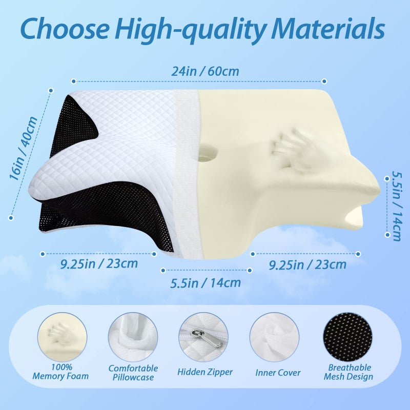 HOMCA Memory Foam Cervical Pillow, 2 in 1 Ergonomic Contour Orthopedic Pillow for Neck Pain, Contoured Support Pillows for Side Back Stomach Sleepers - Image 3