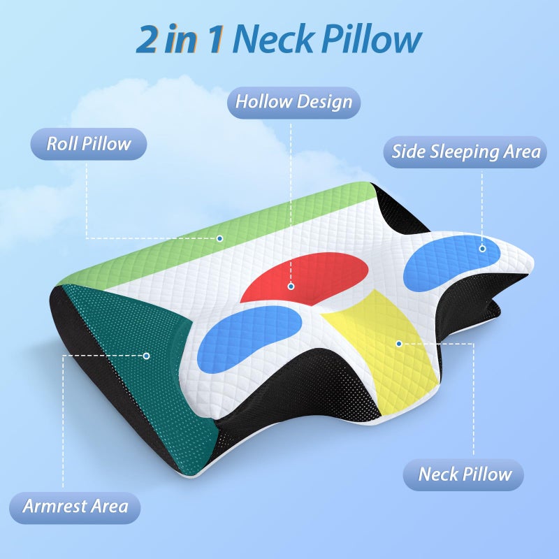 HOMCA Memory Foam Cervical Pillow, 2 in 1 Ergonomic Contour Orthopedic Pillow for Neck Pain, Contoured Support Pillows for Side Back Stomach Sleepers - Image 2