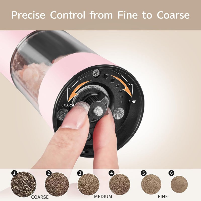 CULINARY FUN Gravity Electric Salt and Pepper Grinder Set 2-Pack, USB-C Rechargeable with LED Light, Automatic Stainless Steel Mills for Kitchen, BBQ, Dining Table & Gifts - Petal Pink - Image 4