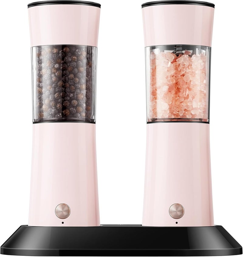 CULINARY FUN Gravity Electric Salt and Pepper Grinder Set 2-Pack, USB-C Rechargeable with LED Light, Automatic Stainless Steel Mills for Kitchen, BBQ, Dining Table & Gifts - Petal Pink - Image 1