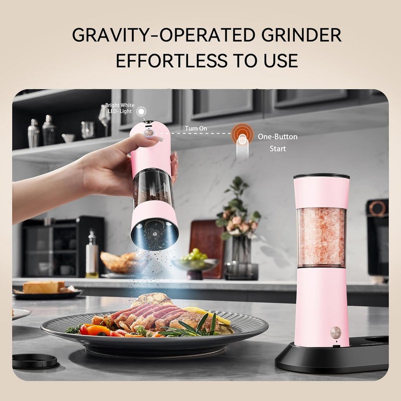 CULINARY FUN Gravity Electric Salt and Pepper Grinder Set 2-Pack, USB-C Rechargeable with LED Light, Automatic Stainless Steel Mills for Kitchen, BBQ, Dining Table & Gifts - Petal Pink - Image 2