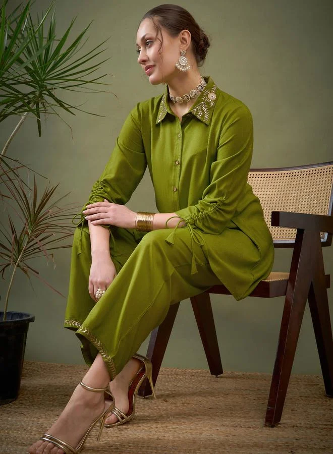 SASSAFRAS Embroidered Collar Shirt & Pants Co-Ord by Styli