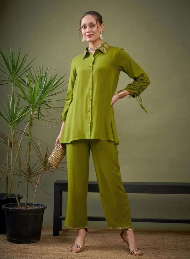 SASSAFRAS Embroidered Collar Shirt & Pants Co-Ord by Styli