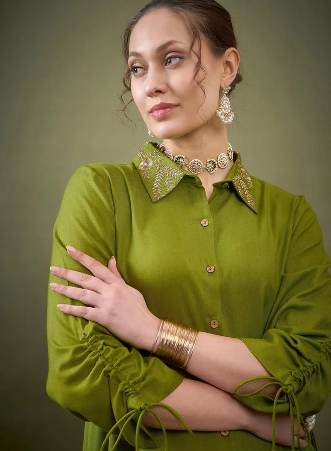 SASSAFRAS Embroidered Collar Shirt & Pants Co-Ord by Styli