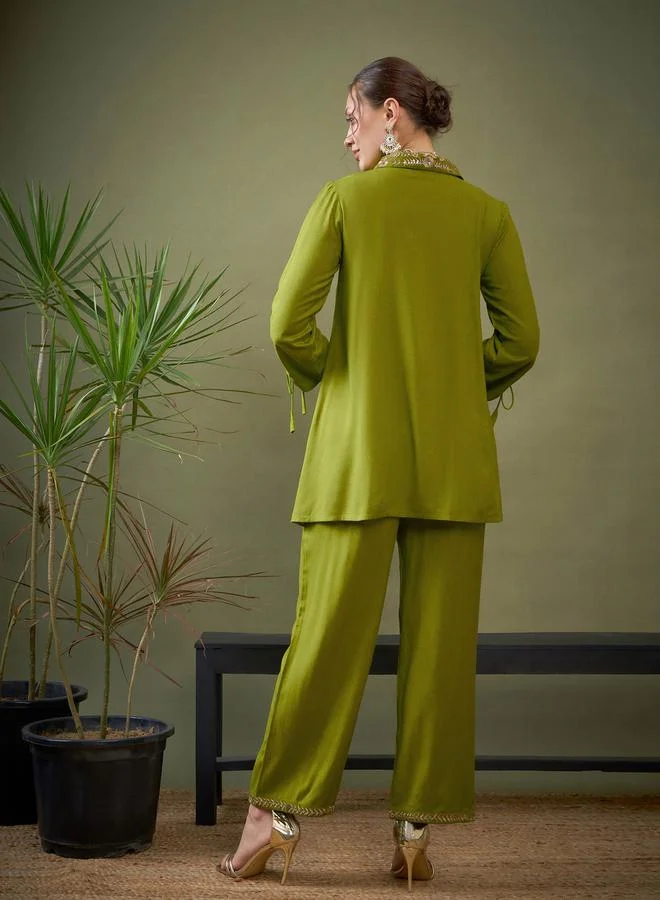 SASSAFRAS Embroidered Collar Shirt & Pants Co-Ord by Styli