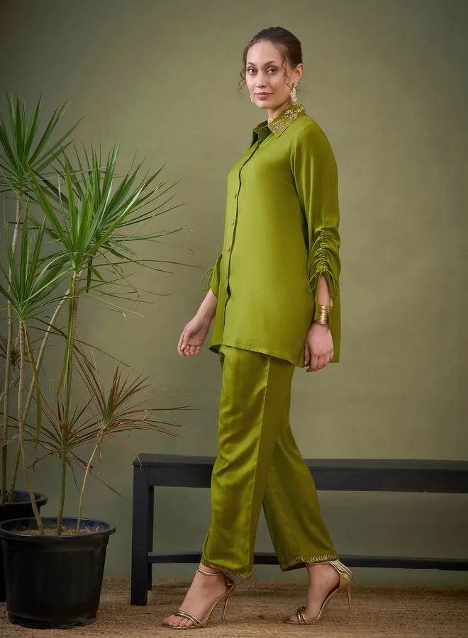SASSAFRAS Embroidered Collar Shirt & Pants Co-Ord by Styli