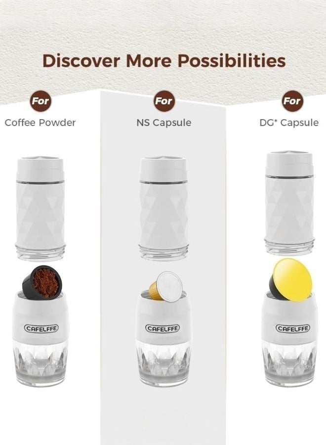 Cafelffe Portable Espresso Machine,3 in 1 Manual Coffee Maker Compatible Ground Coffee,NS Original Capsules & DG Capsule,Fast Manual Hot & Cold Brew, Small Handheld Brewer, Manual Espresso Maker For Camping, Business, Hiking, And Office (White) - Image 2